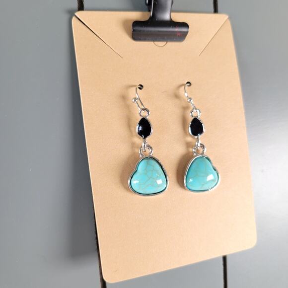Turquoise Heart Dangle Earrings Silver Tone Hook Pierced Drop Jewelry Gift Bag - Picture 5 of 10